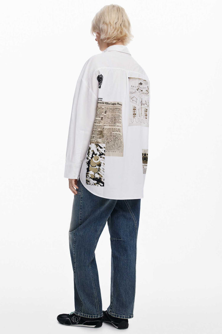 Newspaper Collage Print Zip-Front Shirt