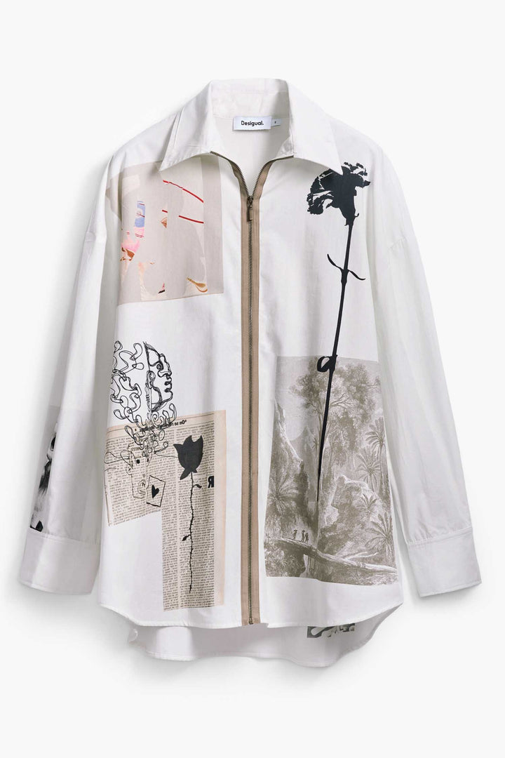 Newspaper Collage Print Zip-Front Shirt