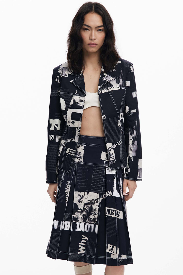 Newspaper Midi Pleated Skirt in Black