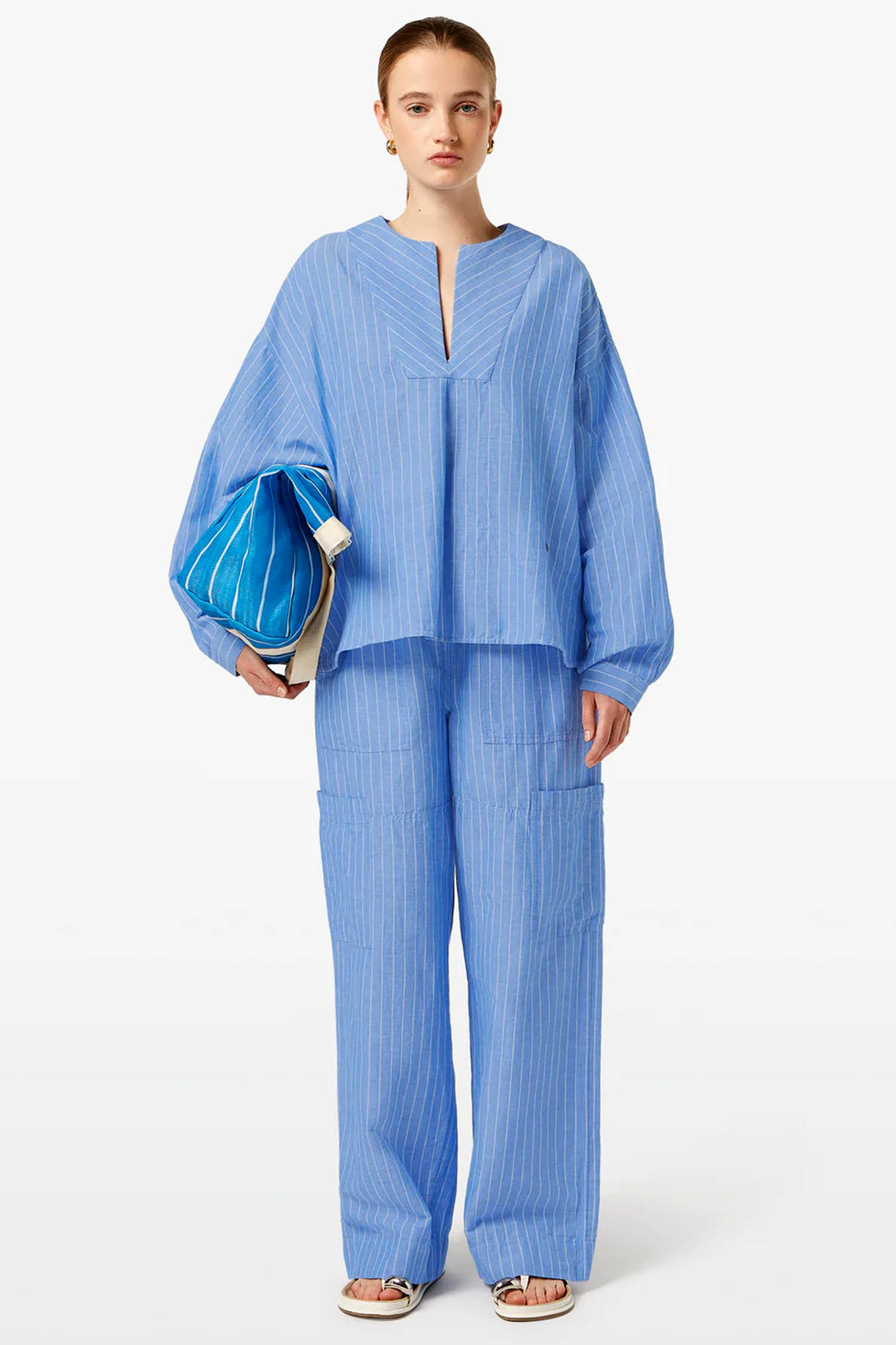 Noa Cargo Pants in Blue White Pin Stripe