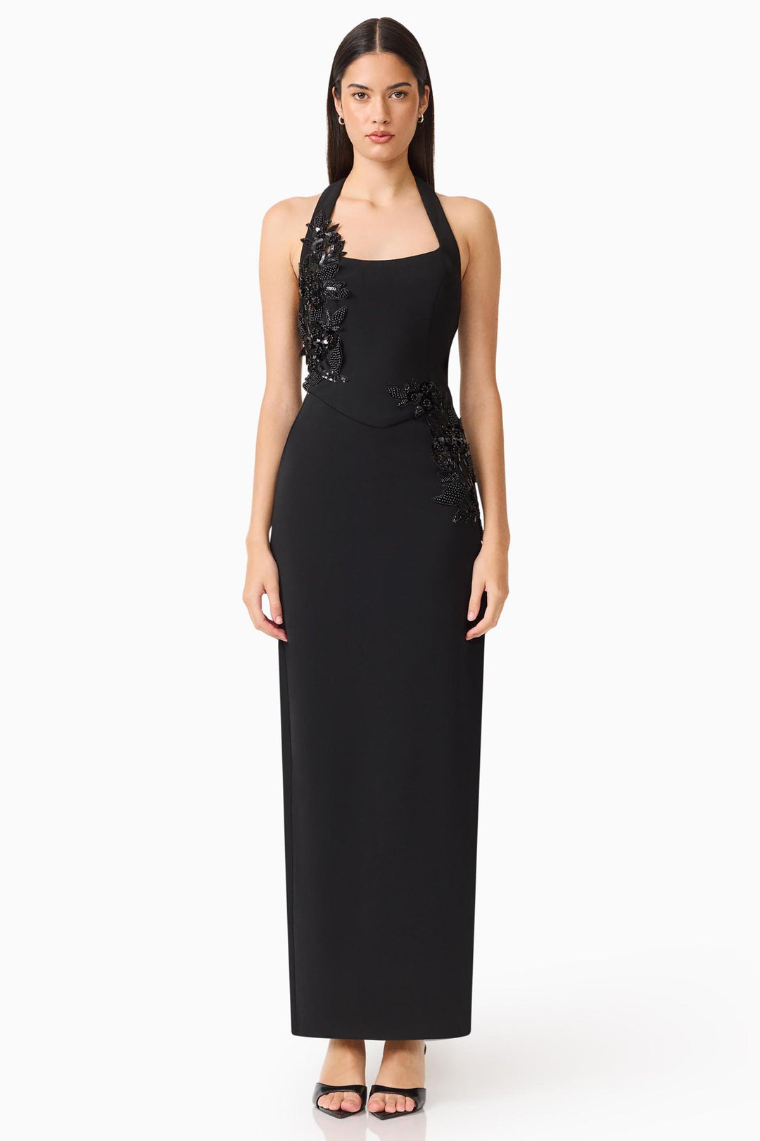 Odelia Beaded Halter Neck Gown in Black