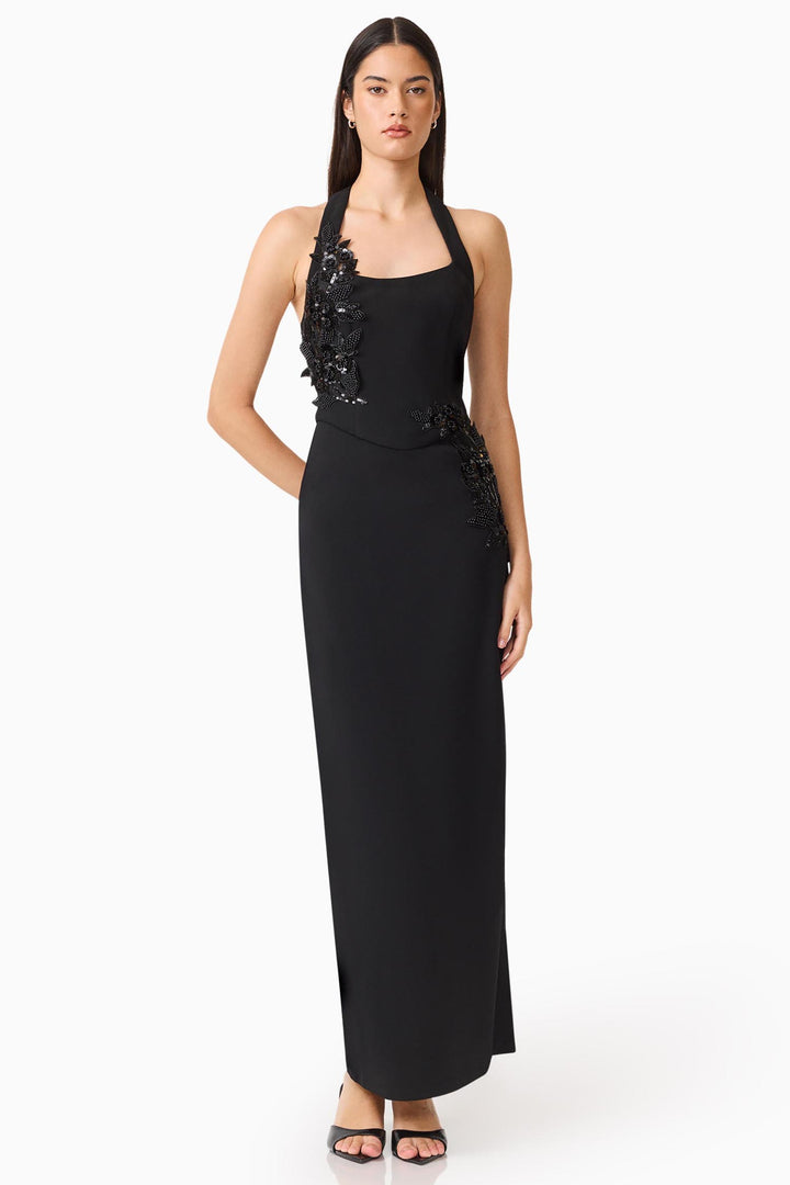 Odelia Beaded Halter Neck Gown in Black