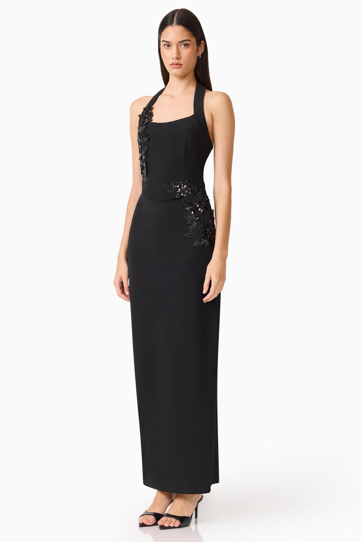 Odelia Beaded Halter Neck Gown in Black