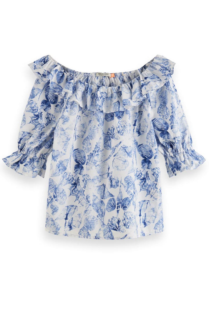 Off Shoulder Top w Ruffles in Shell Batik Blue