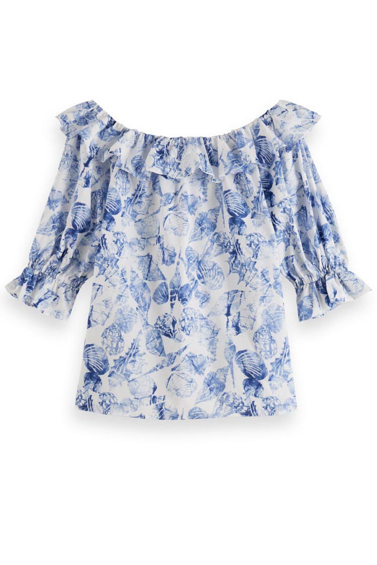 Off Shoulder Top w Ruffles in Shell Batik Blue