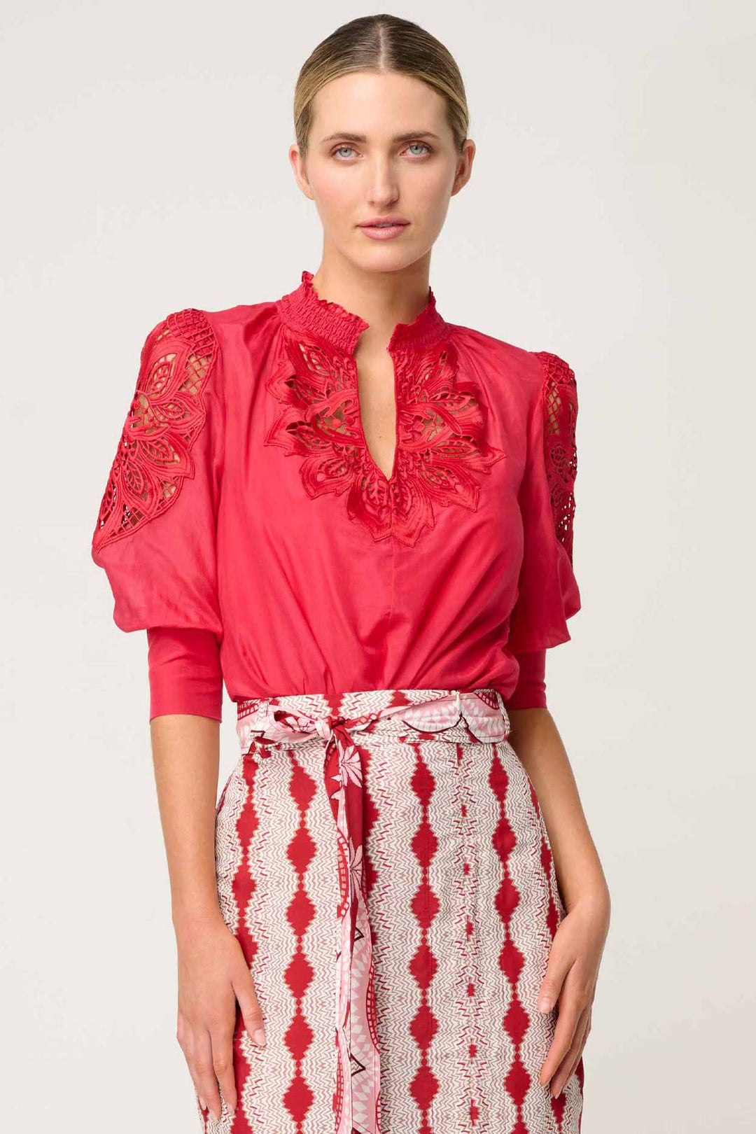 Oleander Lace Detail Blouse in Ruby