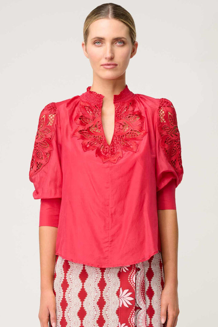 Oleander Lace Detail Blouse in Ruby