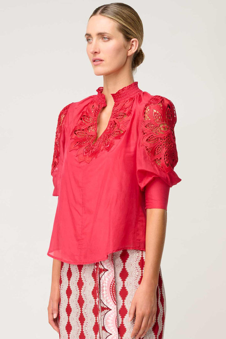 Oleander Lace Detail Blouse in Ruby