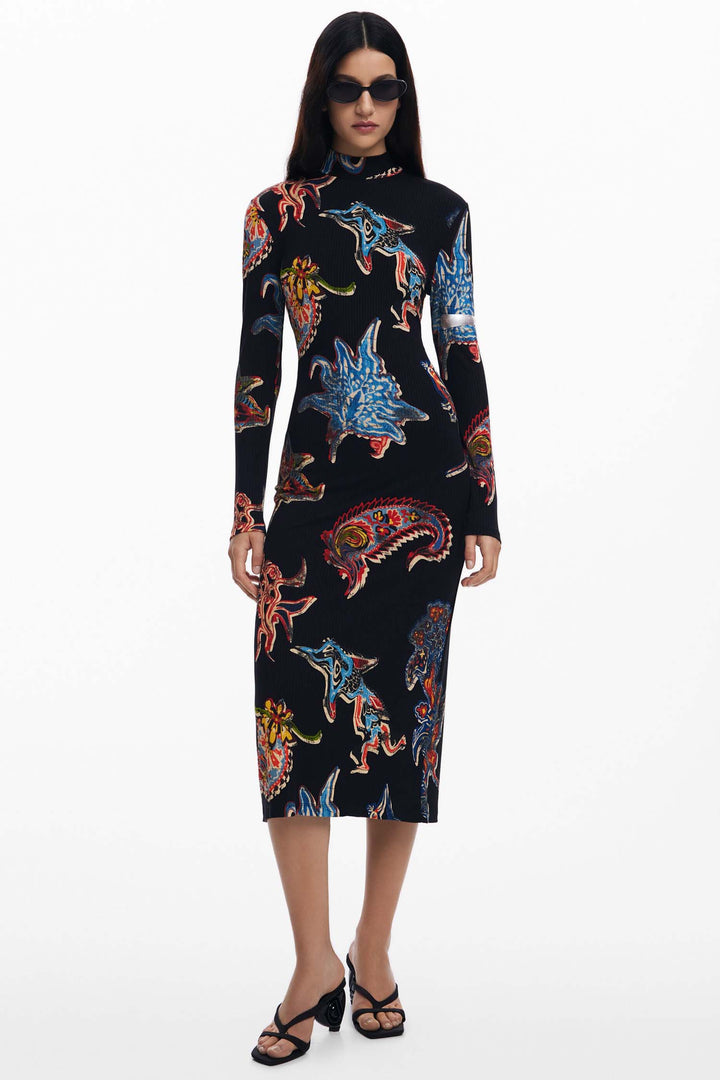 Paisley Print Mock Neck Midi Dress