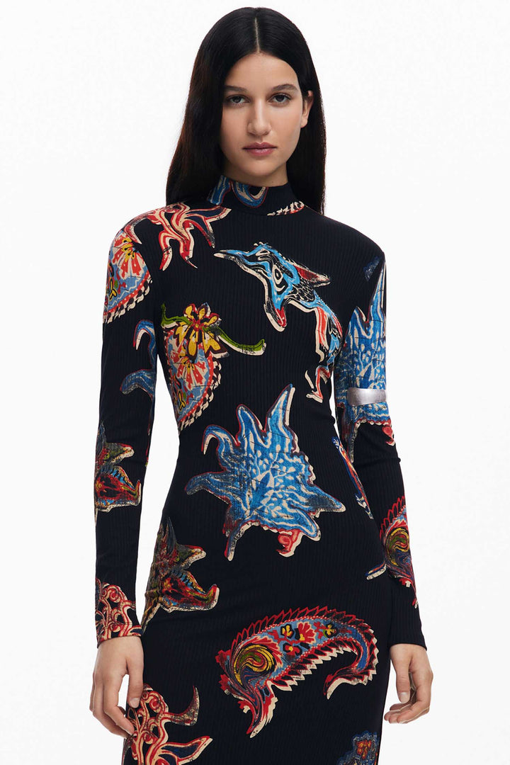 Paisley Print Mock Neck Midi Dress