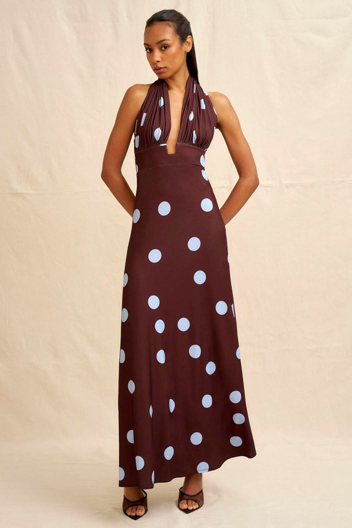 Paloma Polka Ankle Dress in Brown Blue | FINAL SALE