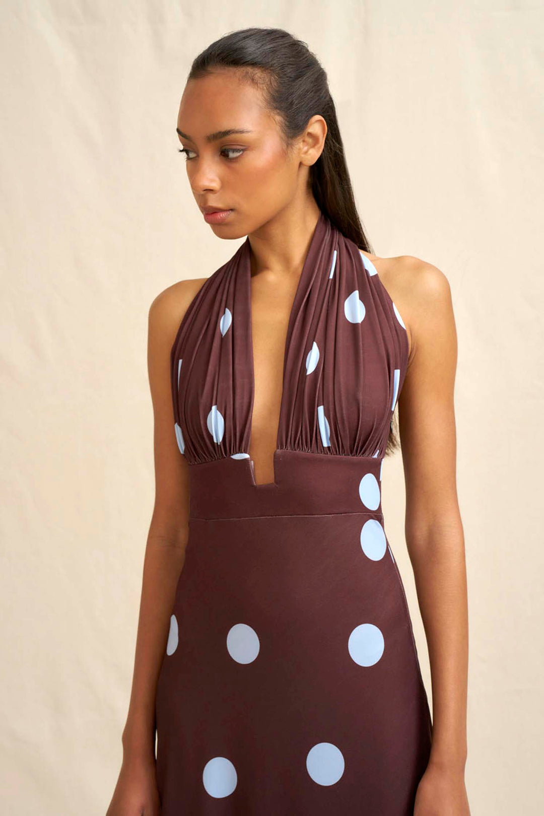 Paloma Polka Ankle Dress in Brown Blue | FINAL SALE