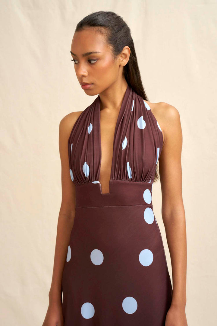 Paloma Polka Ankle Dress in Brown Blue | FINAL SALE