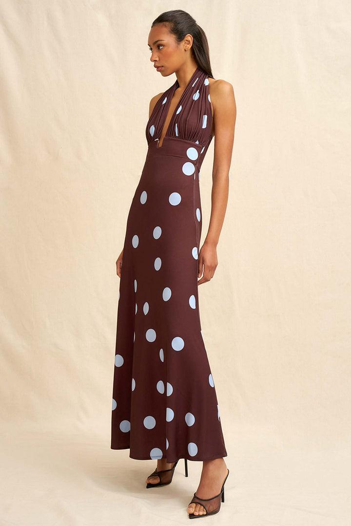 Paloma Polka Ankle Dress in Brown Blue | FINAL SALE