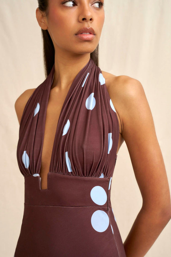 Paloma Polka Ankle Dress in Brown Blue | FINAL SALE