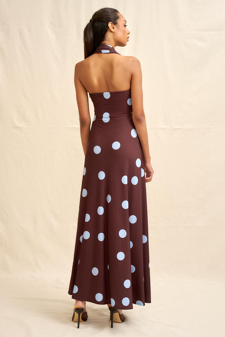 Paloma Polka Ankle Dress in Brown Blue | FINAL SALE