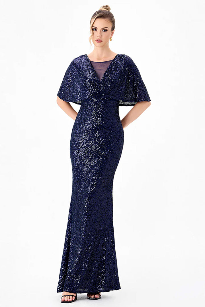 Paola Flutter Sequin Maxi Dress in Navy