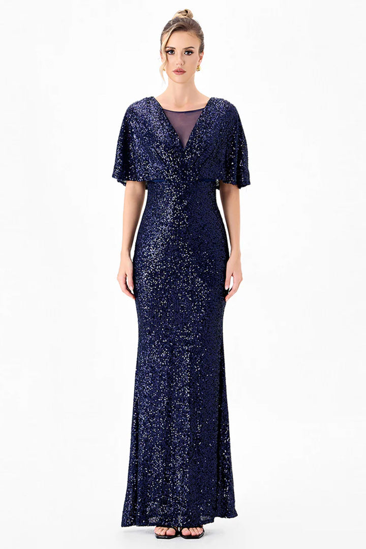 Paola Flutter Sequin Maxi Dress in Navy