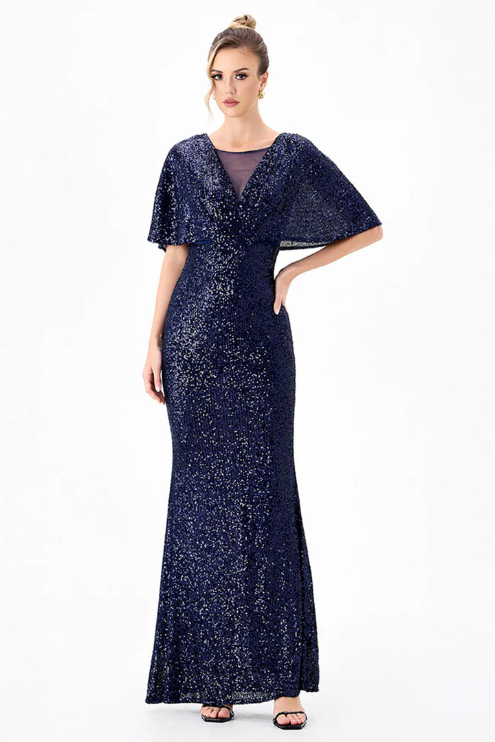 Paola Flutter Sequin Maxi Dress in Navy