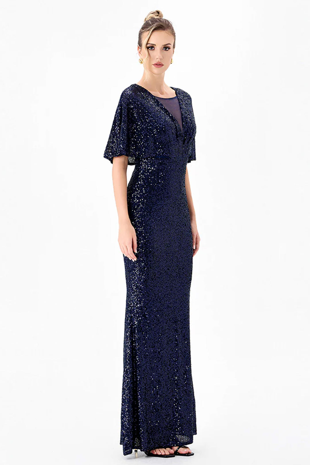 Paola Flutter Sequin Maxi Dress in Navy
