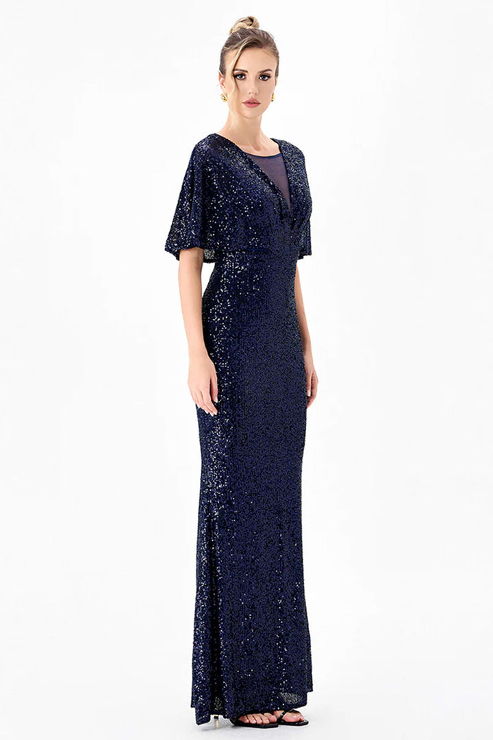 Paola Flutter Sequin Maxi Dress in Navy