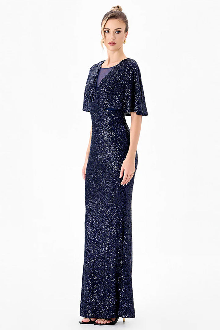 Paola Flutter Sequin Maxi Dress in Navy