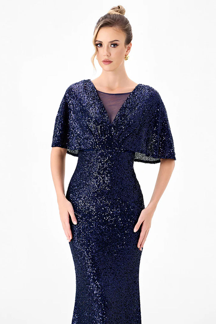 Paola Flutter Sequin Maxi Dress in Navy