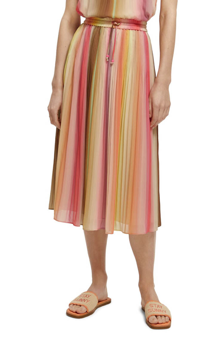 Pleated Chiffon Midi Skirt in Rainbow Ombre