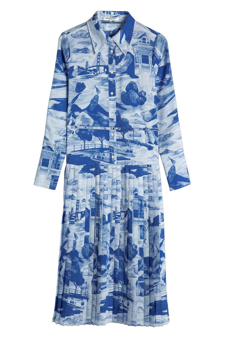 Pleated Embassy Print Maxi Dress in Journey of the Free Mind Blue