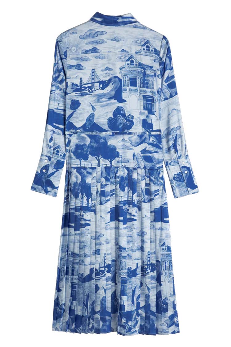 Pleated Embassy Print Maxi Dress in Journey of the Free Mind Blue