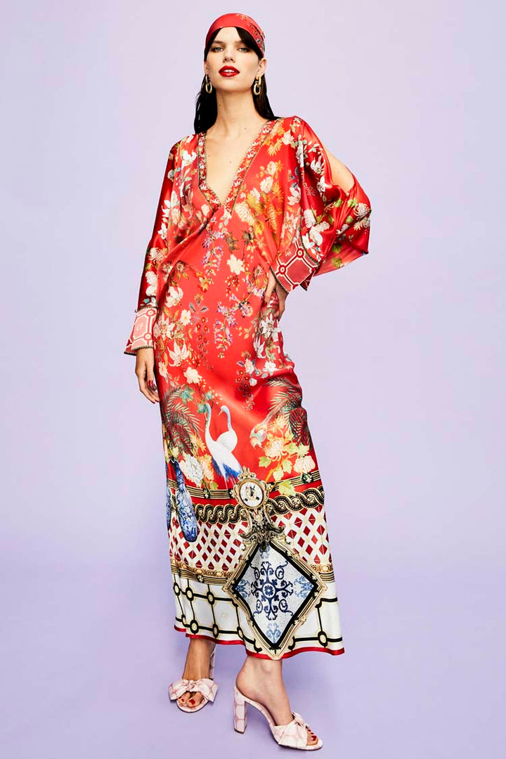 Plunge Neck Draped Shoulder Dress In Lisboa Luxe