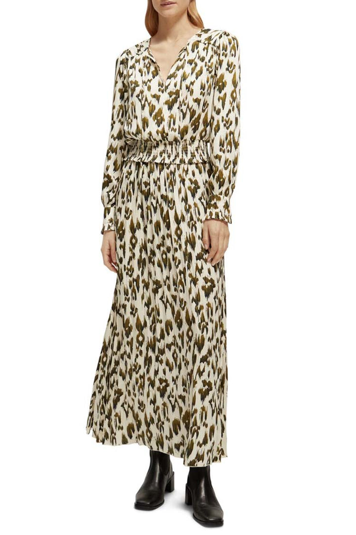 Printed LS Pleated Maxi Dress in Brushed Ikat