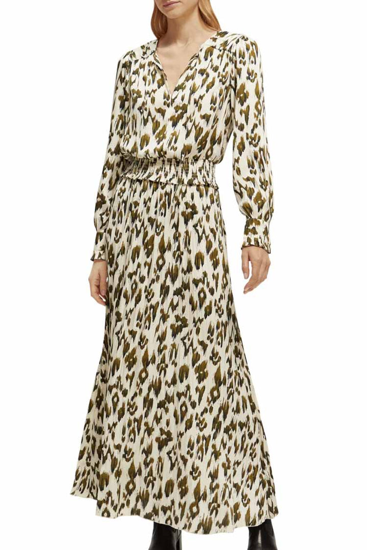 Printed LS Pleated Maxi Dress in Brushed Ikat