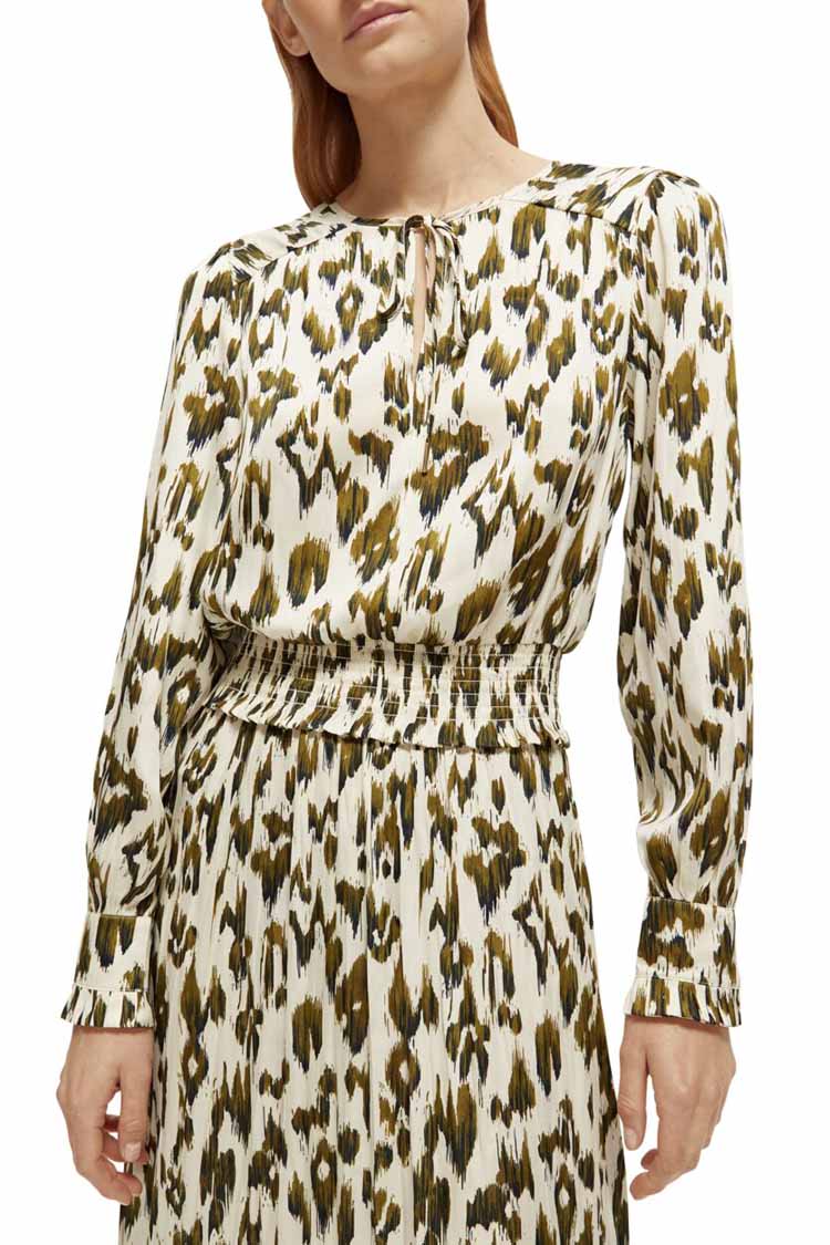 Printed LS Pleated Maxi Dress in Brushed Ikat