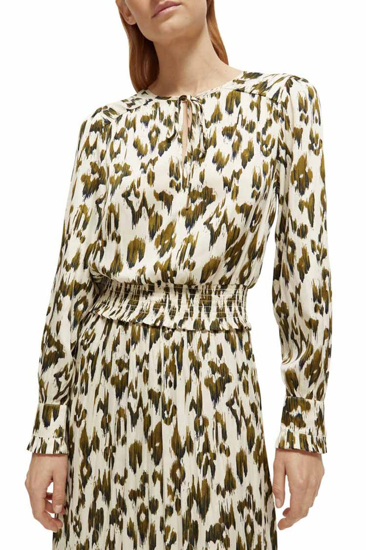 Printed LS Pleated Maxi Dress in Brushed Ikat