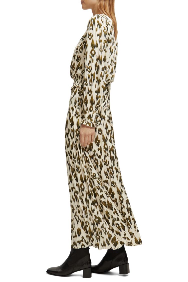 Printed LS Pleated Maxi Dress in Brushed Ikat