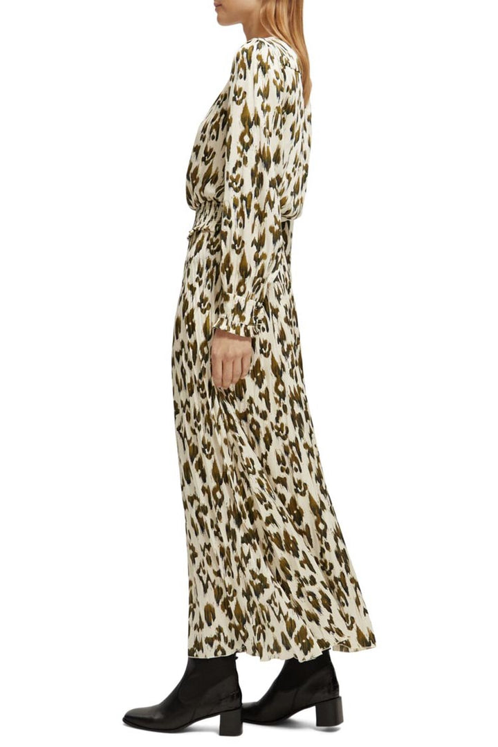Printed LS Pleated Maxi Dress in Brushed Ikat