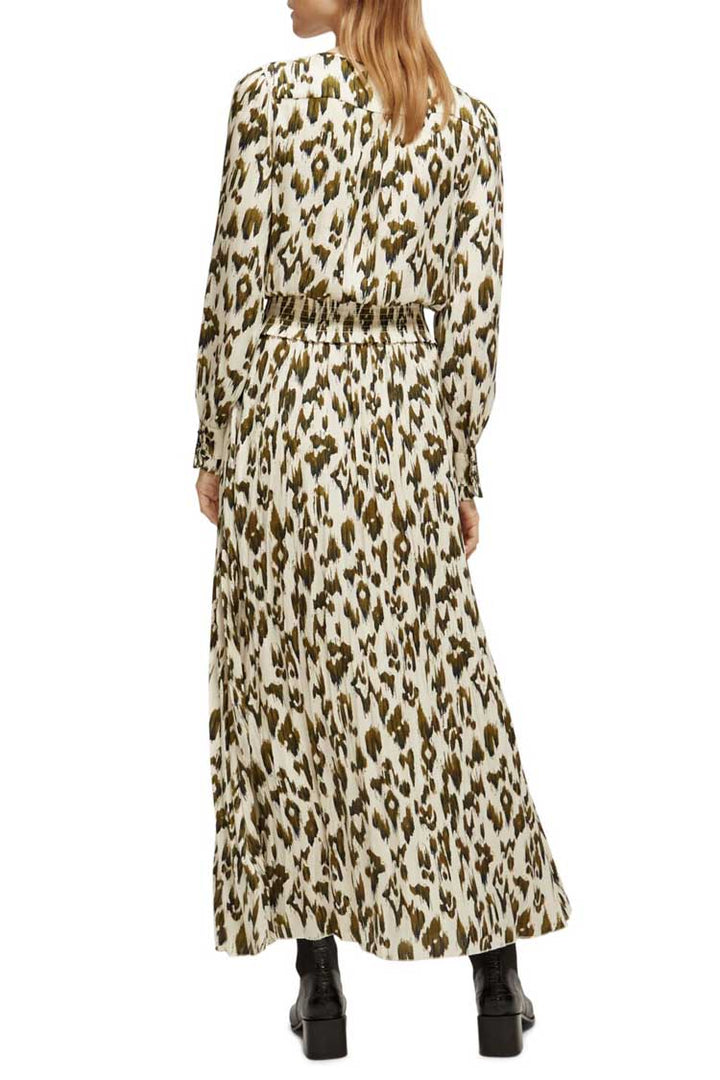 Printed LS Pleated Maxi Dress in Brushed Ikat
