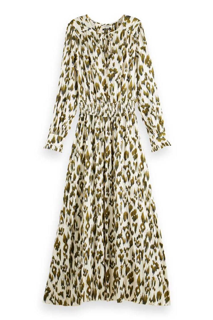 Printed LS Pleated Maxi Dress in Brushed Ikat