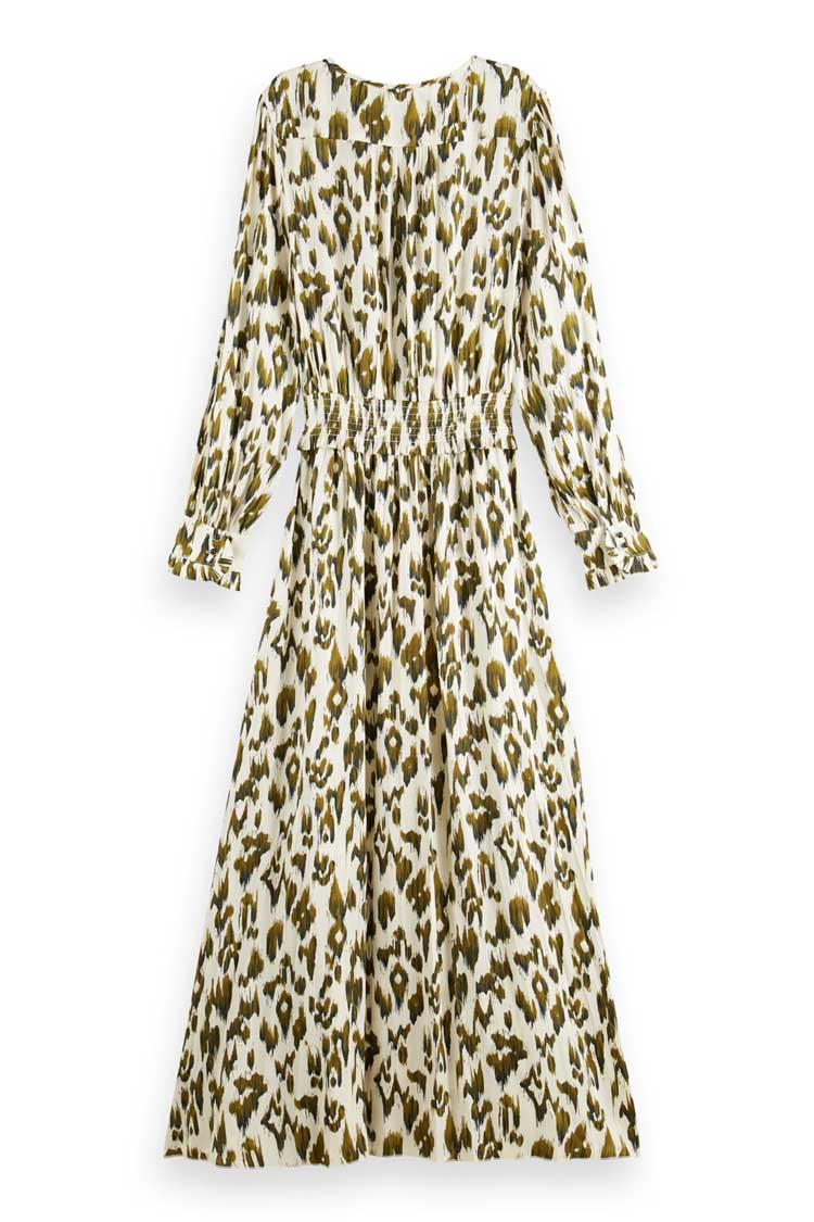 Printed LS Pleated Maxi Dress in Brushed Ikat