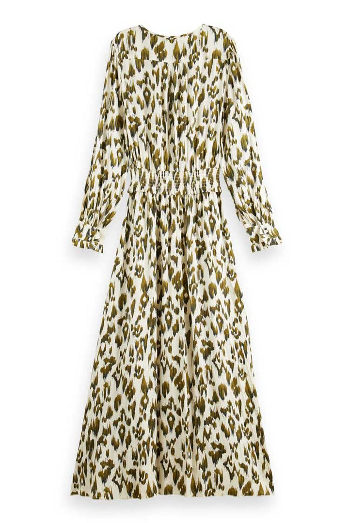 Printed LS Pleated Maxi Dress in Brushed Ikat