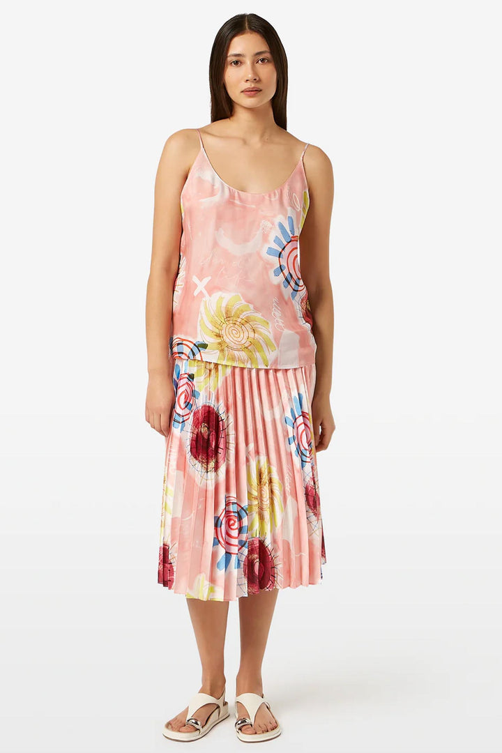 Printed Pleated High Rise Midi Skirt in Abstract Sun Pink