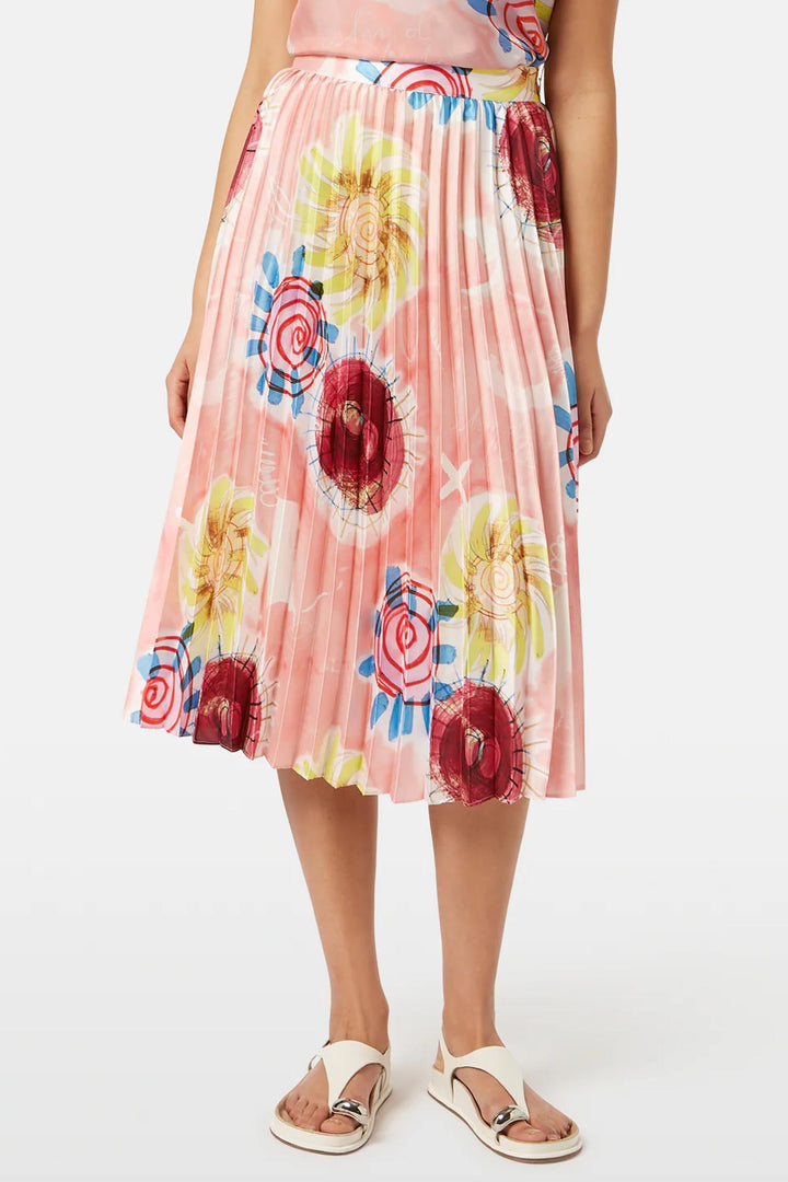 Printed Pleated High Rise Midi Skirt in Abstract Sun Pink