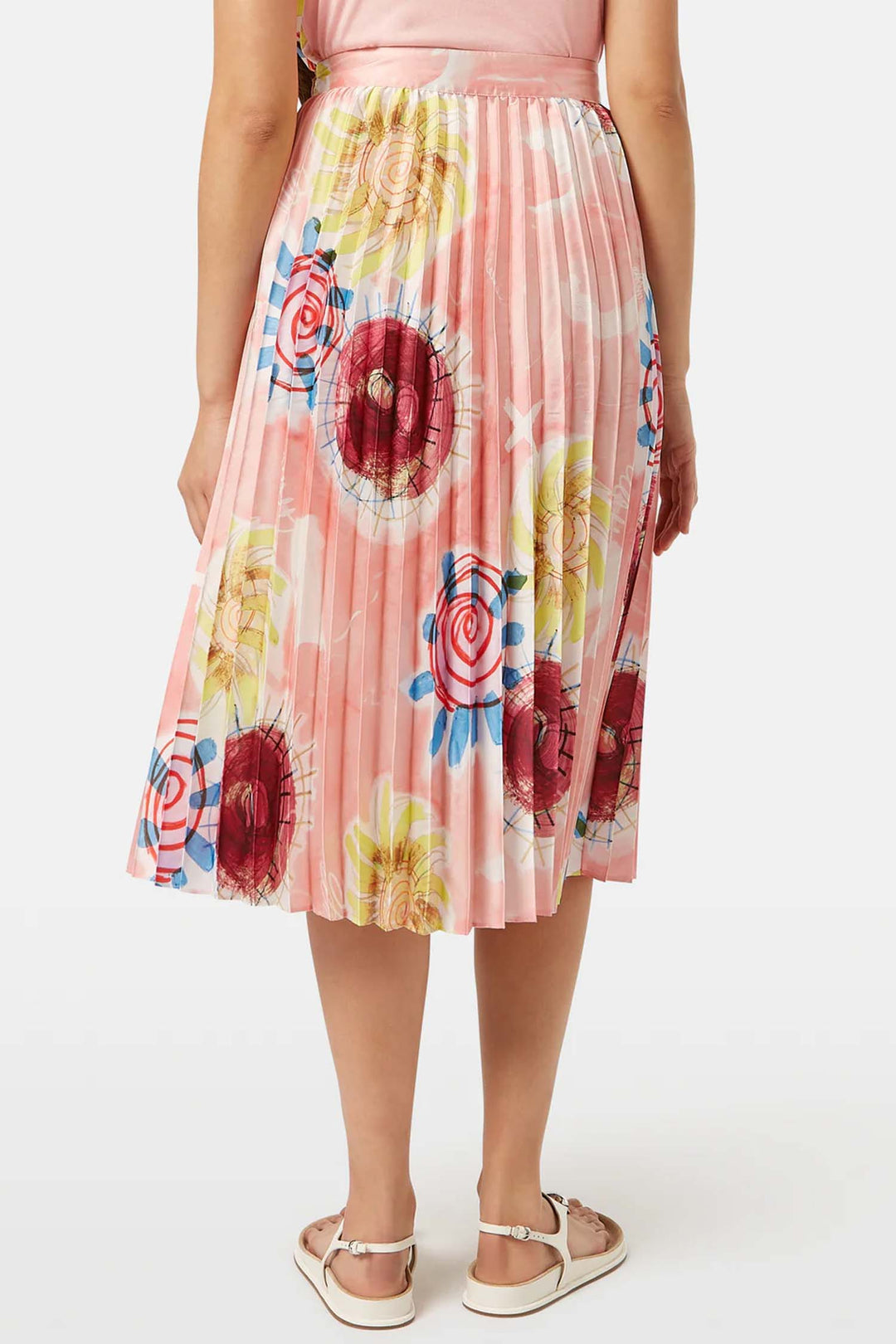 Printed Pleated High Rise Midi Skirt in Abstract Sun Pink