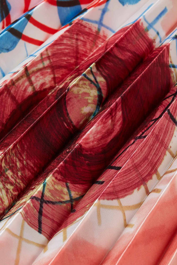 Printed Pleated High Rise Midi Skirt in Abstract Sun Pink