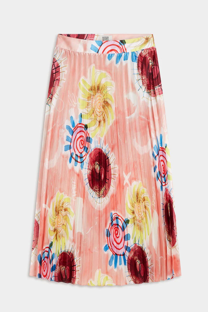 Printed Pleated High Rise Midi Skirt in Abstract Sun Pink