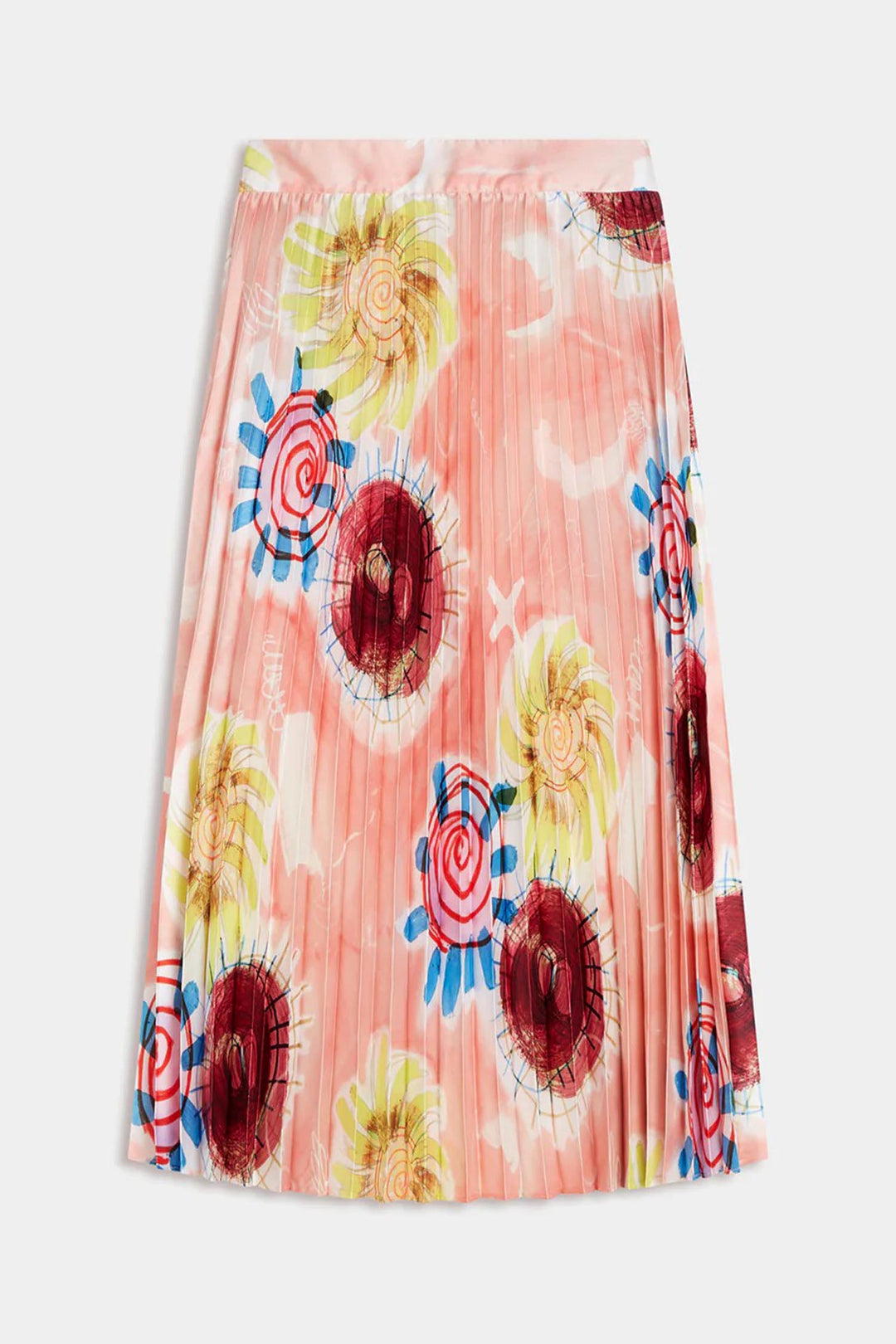 Printed Pleated High Rise Midi Skirt in Abstract Sun Pink