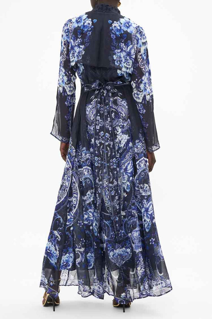 Printed Trench w Cutwork Lace Collar in Delft Dynasty