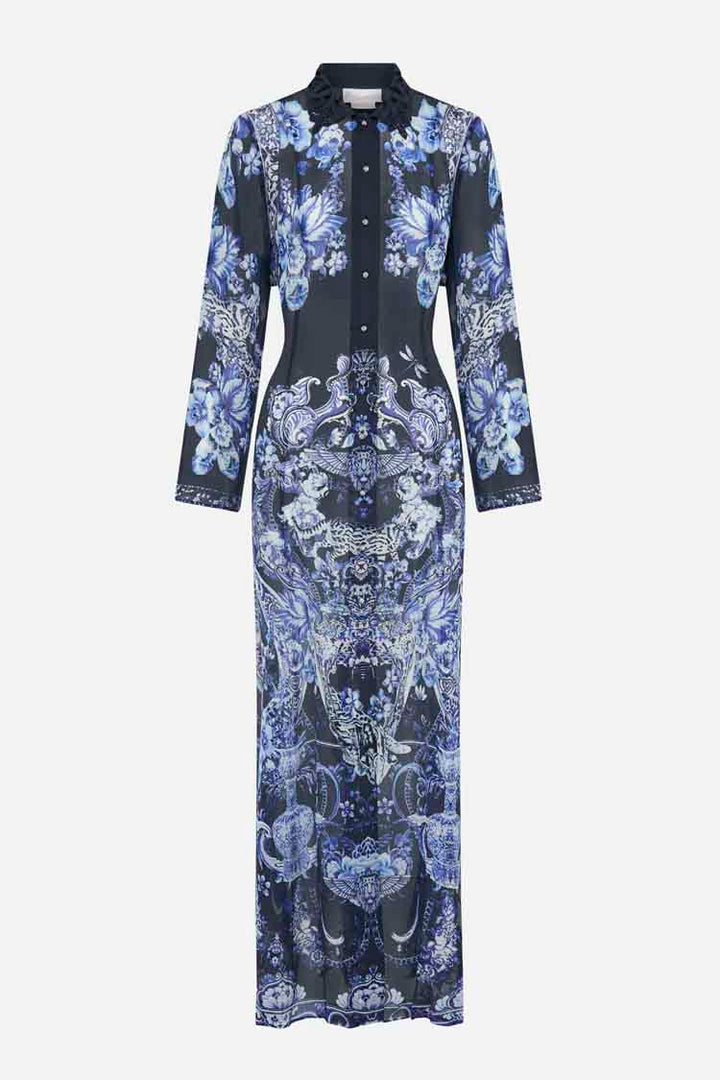 Printed Trench w Cutwork Lace Collar in Delft Dynasty