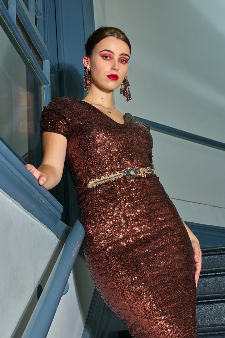 Vivica Cocktail Dress in Paloma Sequin w Handmade Belt